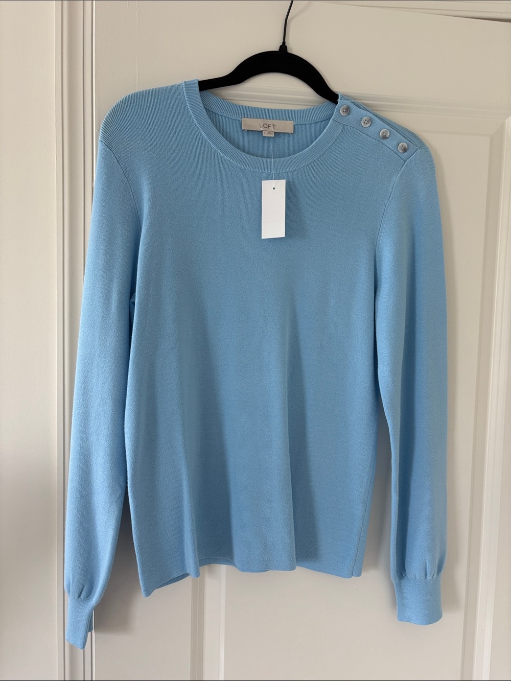 LOFT Sky Blue Crewneck Sweater with Shoulder Buttons